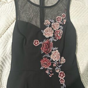 Black Pencil Dress with Pink Floral Embroidery